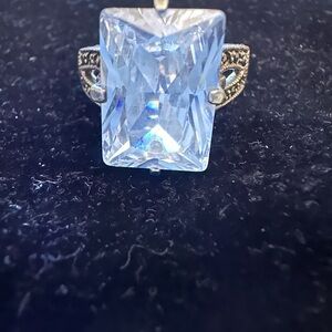 Elegant Sterling Silver and  Clear Gemstone Ring with Marcasite